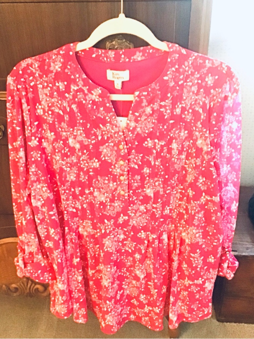 Kim Rogers Bright Pink Floral Button-Front Peplum Blouse